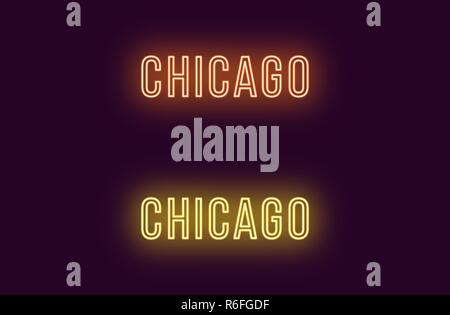 Neon name of Chicago city in USA. Vector text of Chicago, Neon inscription with backlight in Thin style, orange and yellow colors. Isolated glowing ti Stock Vector