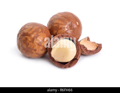 Macadamia nuts isolated on white background. Stock Photo