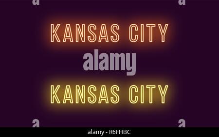 Neon name of Kansas City in USA. Vector text of Kansas City, Neon inscription with backlight in Thin style, orange and yellow colors. Isolated glowing Stock Vector