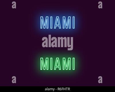 Neon name of Miami city in USA. Vector text of Miami, Neon inscription with backlight in Thin style, blue and green colors. Isolated glowing title for Stock Vector