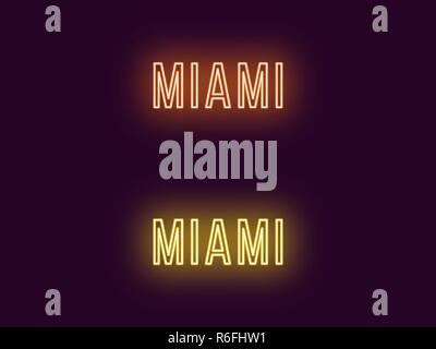 Neon name of Miami city in USA. Vector text of Miami, Neon inscription with backlight in Thin style, orange and yellow colors. Isolated glowing title  Stock Vector