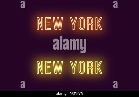 Neon name of New York city in USA. Vector text of New York, Neon inscription with backlight in Thin style, orange and yellow colors. Isolated glowing  Stock Vector