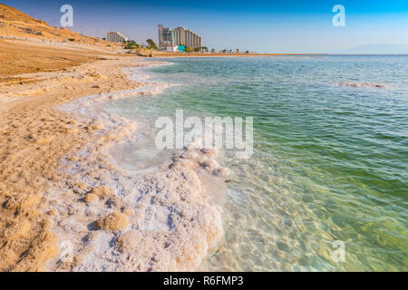 Salt Formations In The Dead Sea Of Israel Near The Town Of Ein Bokek Stock Photo
