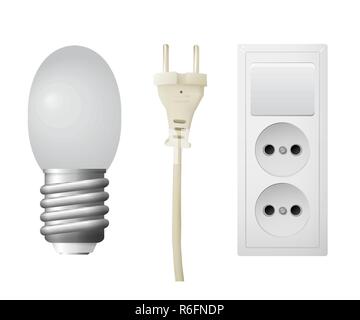 Outlet with plug, LED lightbulb. Set of electrical equipment. Vector illustration. Stock Vector