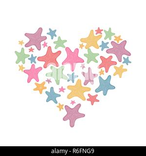 Heart with star fish. Vector illustration. Valentine day card. Stock Vector
