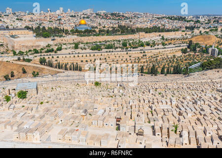 Jerusalem Old City And The Ancient Jewish Cemetery In The Olive Mountain, Israel Stock Photo