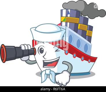 Sailor with binocular luxury character ship sailing to port vector illustration Stock Vector