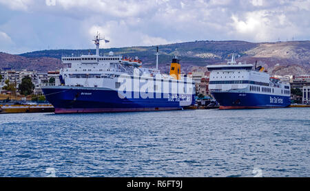Blue Star Ferries Blue Horizon & Blue Star 2 moored in port of Piraeus Athens Greece Europe Stock Photo