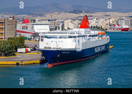Hellenic Seaways car and ferry Nissos Samos berthing port of Piraeus Athens Greece Europe Stock Photo Alamy