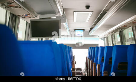 Blue Salon tourist bus transport. advertising space on the monitor Stock Photo