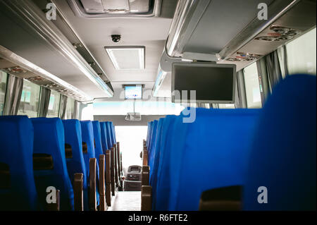 Blue Salon tourist bus transport. advertising space on the monitor Stock Photo