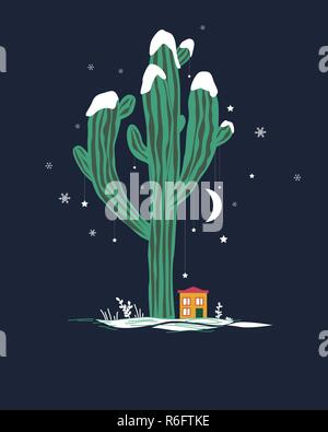 Cute cartoon illustration with high saguaro cactus and liitle house. Mexican fairy winter landscape, Christmas card. Stock Vector