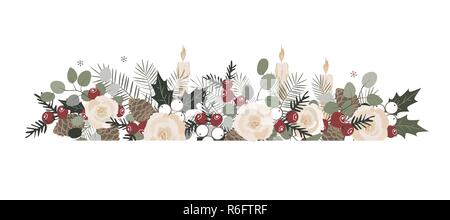 Basic RGBVector Christmas border with fir branches, beriies, roses, ilex and cones. Decorative frame design. Stock Vector