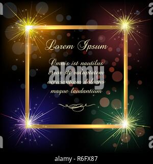 Festive Golden Frame with sparklers and text sample. Vector Illustration. Stock Vector