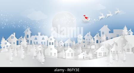 Merry Christmas and Happy New Year 2019 paper cut, paper art, digital paper craft of Santa Claus with reindeer on sleigh flying over the snow wonderla Stock Vector