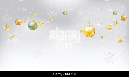 Merry Christmas and Happy New Year 2019 with calligraphic on white snow background decoration with gold, jade Xmas balls with star ornaments hanging.  Stock Vector