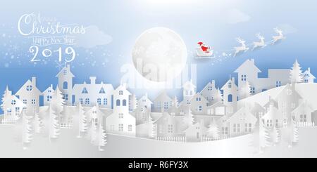 Merry Christmas and Happy New Year 2019 calligraphic paper art, paper cut, digital paper craft of Santa Claus with reindeer on sleigh flying over the  Stock Vector