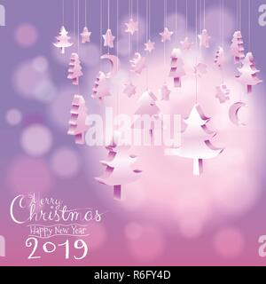 Happy New Year 2019 and Merry Christmas tree ornaments hanging rope in isometric 3D with calligraphy bokeh blurry sweet purple pink background with co Stock Vector