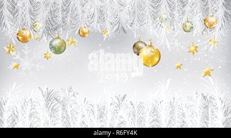 Merry Christmas and Happy New Year 2019 with calligraphy decoration with gold, jade Xmas balls with star ornaments hanging on white tree fir branches  Stock Vector