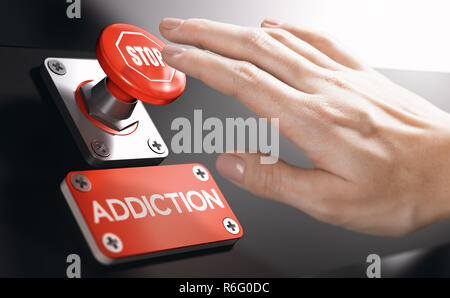 Woman pressing a panic button with stop sign to overcome addiction or dependence problems. Psychology concept. Stock Photo