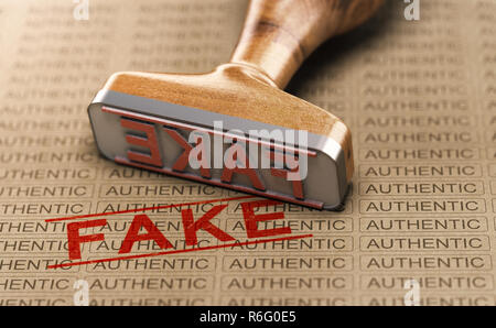 Rubber stamp and word fake printed on a paper background with the repeated text authentic. Concept of counterfeit or plagiarism. 3D illustration. Stock Photo
