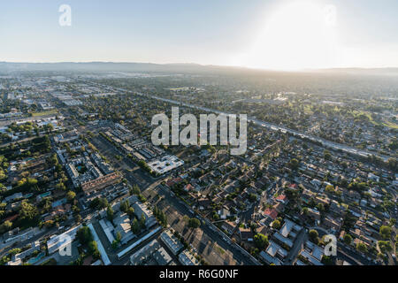 Late afternoon aerial view of San Diego 405 freeway and the sprawling San Fernando Valley in Los Angeles, California. Stock Photo