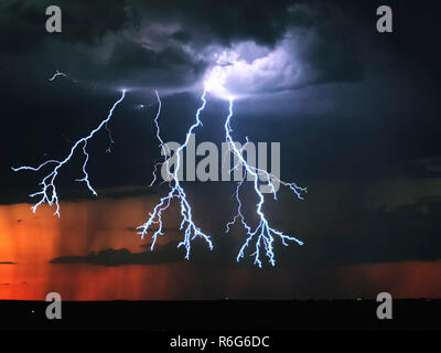 Lightning in the sky. Electric discharges in the sky Stock Photo