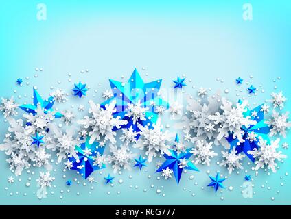 Realistic Banner with place for text template. Shine winter decoration with snowflakes, stars and balls. Stock Vector