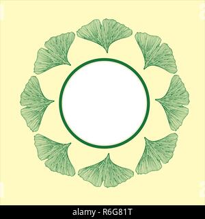 Ginkgo Biloba textured leaves. Round frame. Isolated on yellow, medicinal plant. Vector illustration in color. Stock Vector