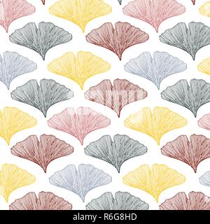 Hand drawn textured ginkgo leaves vector pattern in a pink, red, yellow and gray color palette Stock Vector