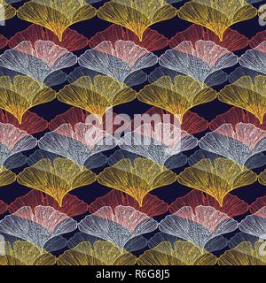 Hand drawn textured pattern ginkgo leaves vector in a colorful palette Stock Vector