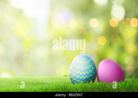 Two easter eggs on green grass lawn Stock Photo