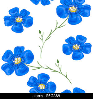 Flax blue flowers with stem. Seamless pattern. Vector illustration. Stock Photo