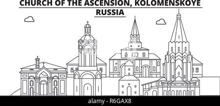 Russia - Kolomenskoye, Church Of The Ascension travel famous landmark skyline, panorama, vector. Russia - Kolomenskoye, Church Of The Ascension linear illustration Stock Vector