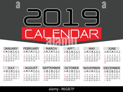 Calendar 2019 red black text number on grey white background vector illustration. Stock Vector