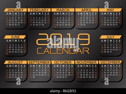 2019 calendar yellow white text number on dark grey metallic background vector illustration. Stock Vector