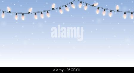 christmas fairy lights on snowy bright winter background vector illustration EPS10 Stock Vector