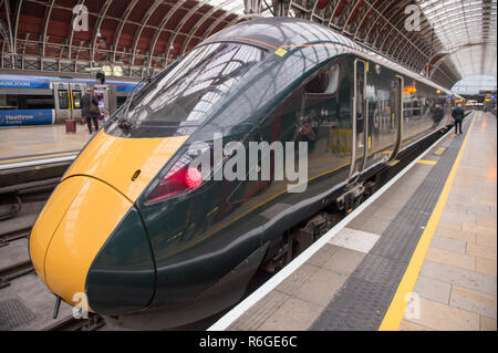 December 2018. Hitachi-built IEP Intercity Express train departure at Paddington terminus railway station in London, UK. Stock Photo