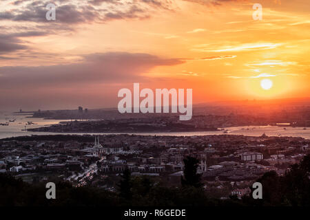 Istanbul skyline at sunset from the top of Camlica. Stock Photo