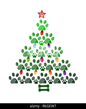 Christmas tree made of paw prints, colorful light bulb and bone. Happy new year greeting card Stock Photo