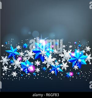 Realistic shine Banner with place for text template. Shine winter decoration on dark background with snowflakes and stars Stock Vector