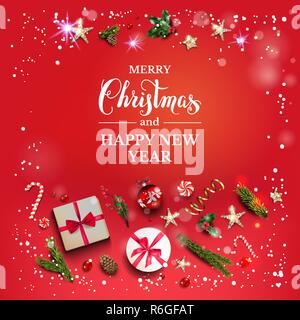 Bright red holiday illustration card with Christmas decorations and balls, stars, gift boxes, fir tree branches on red background. Christmas festive template with lettering. Stock Vector