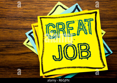 Conceptual hand writing text caption inspiration showing Great Job. Business concept for Success Appreciation written on sticky note paper on the wooden wood background. Stock Photo
