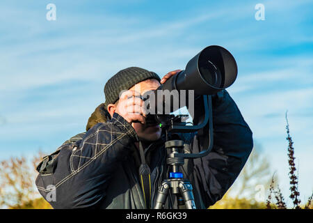 Wildlife photographer shooting birds in flight with no visible face. Stock Photo