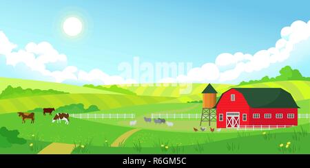Colorful farm summer landscape, blue clear sky with sun, red barn Stock Vector