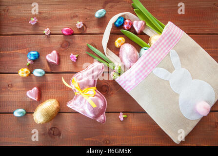 colorful easter eggs and bunny made of chocolate Stock Photo