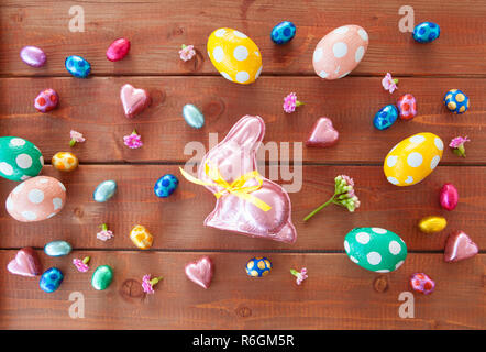 colorful easter eggs and bunny made of chocolate Stock Photo