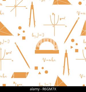 Mathematical scientific vector seamless pattern with geometry plots, tools and formulas. Education elements. Compasses, protractor, pencil, graphics,  Stock Vector