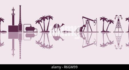 Vector seamless pattern with equipment for oil production, refinery plant, camel, palm trees. Heading or footer banner. Stock Vector