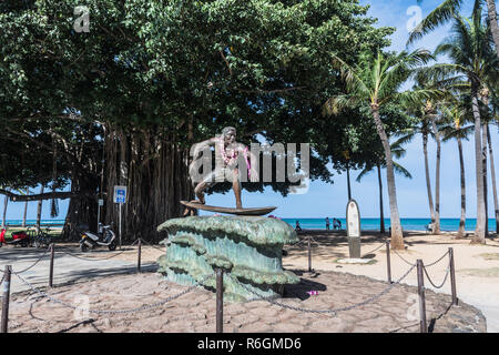 Waikiki,Oahu,Hawaii,USA - May 21, 2018 : Surfer Statue in Waikiki Beach, Oahu, Hawaii Stock Photo